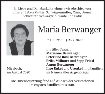 Todesanzeige von Maria Berwanger von merkurtz