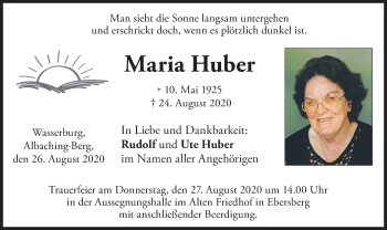 Todesanzeige von Maria Huber von merkurtz