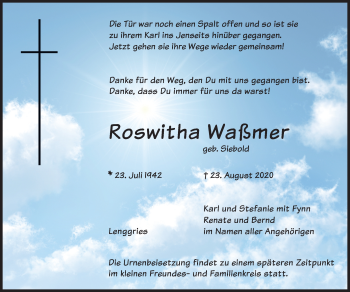 Todesanzeige von Roswitha Waßmer von merkurtz