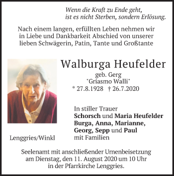 Todesanzeige von Walburga Heufelder von merkurtz