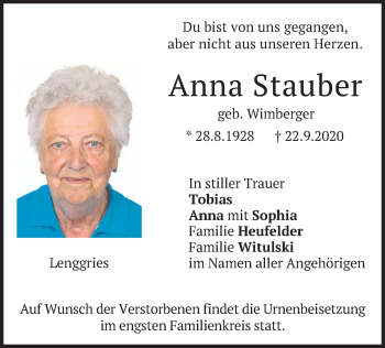 Todesanzeige von Anna Stauber von merkurtz