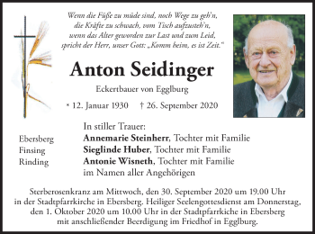 Todesanzeige von Anton Seidinger von merkurtz