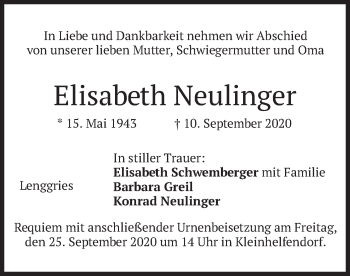 Todesanzeige von Elisabeth Neulinger von merkurtz