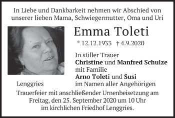 Todesanzeige von Emma Toleti von merkurtz