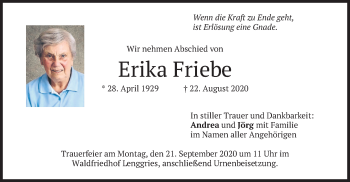 Todesanzeige von Erika Friebe von merkurtz