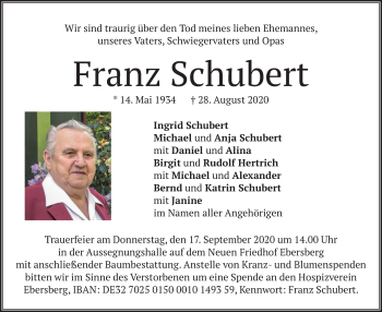 Todesanzeige von Franz Schubert von merkurtz