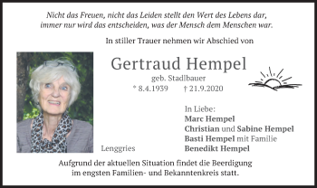 Todesanzeige von Gertraud Hempel von merkurtz