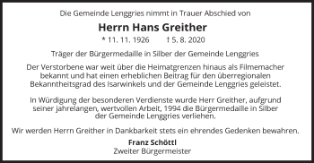 Todesanzeige von Hans Greither von merkurtz