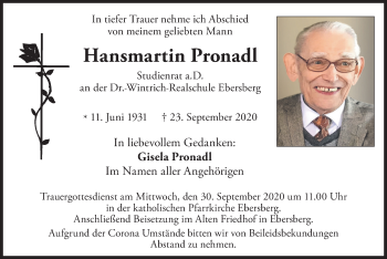 Todesanzeige von Hansmartin Pronadl von merkurtz