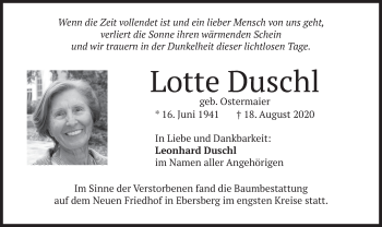 Todesanzeige von Lotte Duschl von merkurtz