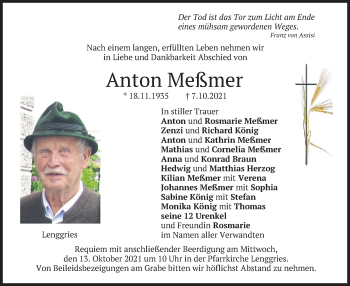 Todesanzeige von Anton Meßmer von merkurtz