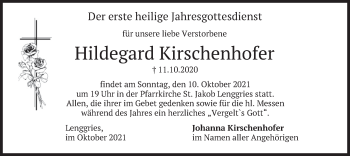 Todesanzeige von Hildegard Kirschenhofer von merkurtz