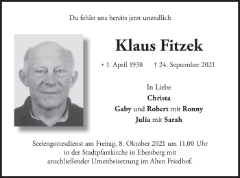 Todesanzeige von Klaus Fitzek von merkurtz