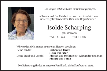 Todesanzeige von Isolde Scharping von merkurtz