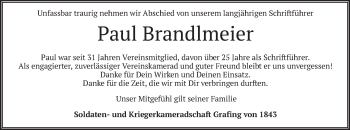 Todesanzeige von Paul Brandlmeier von merkurtz