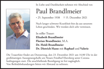 Todesanzeige von Paul Brandlmeier von merkurtz