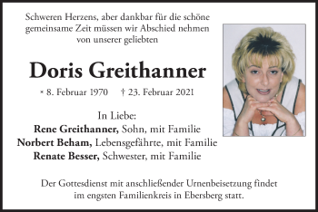 Todesanzeige von Doris Greithanner von merkurtz