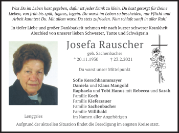 Todesanzeige von Josefa Rauscher von merkurtz