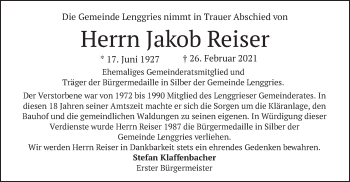 Todesanzeige von Jakob Reiser von merkurtz