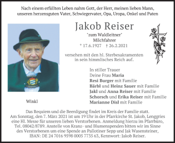 Todesanzeige von Jakob Reiser von merkurtz