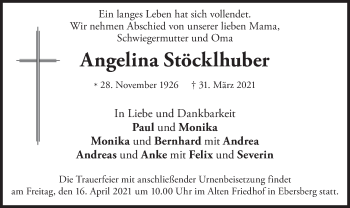 Todesanzeige von Angelina Stöcklhuber von merkurtz