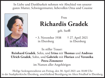 Todesanzeige von Richardis Gradek von merkurtz