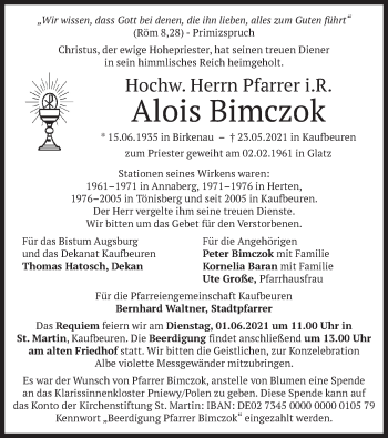 Todesanzeige von Alois Bimczok von merkurtz