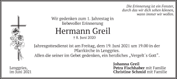 Todesanzeige von Hermann Greil von merkurtz