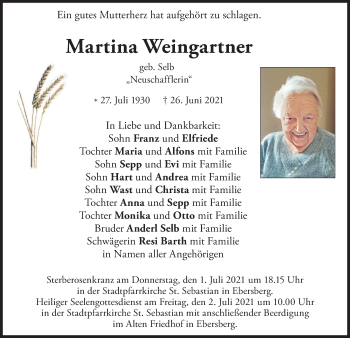 Todesanzeige von Martina Weingartner von merkurtz