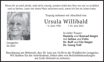 Todesanzeige von Ursula Willibald von merkurtz