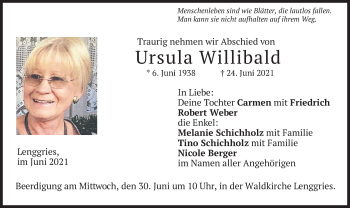 Todesanzeige von Ursula Willibald von merkurtz