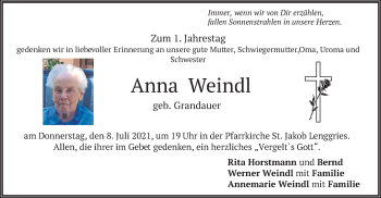 Todesanzeige von Anna Weindl von merkurtz