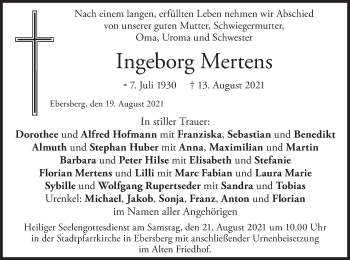 Todesanzeige von Ingeborg Mertens von merkurtz