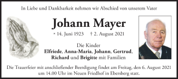 Todesanzeige von Johann Mayer von merkurtz