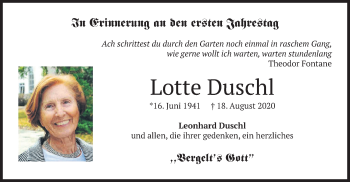 Todesanzeige von Lotte Duschl von merkurtz