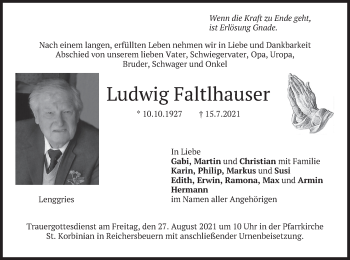 Todesanzeige von Ludwig Faltlhauser von merkurtz