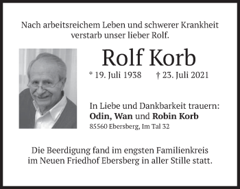 Todesanzeige von Rolf Korb von merkurtz