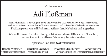 Todesanzeige von Adi Floßman von merkurtz