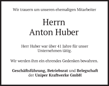 Todesanzeige von Anton Huber von merkurtz