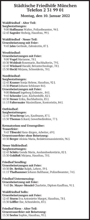 Todesanzeige von Beerdigungen vom 10.01.2022 von merkurtz