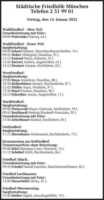 Todesanzeige von Bestattungen vom 14.01.2022 von merkurtz