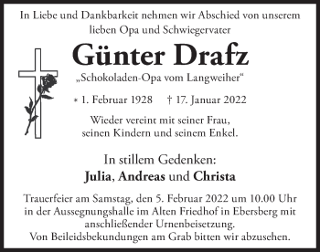 Todesanzeige von Günter Drafz von merkurtz