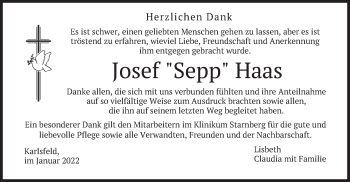 Todesanzeige von Josef Haas von merkurtz