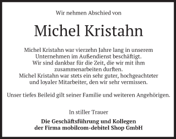 Todesanzeige von Michel Kristahn von merkurtz