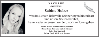 Todesanzeige von Sabine Huber von merkurtz