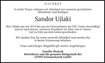 Todesanzeige von Sandor Ujlaki von merkurtz