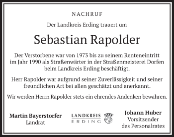 Todesanzeige von Sebastian Rapolder von merkurtz