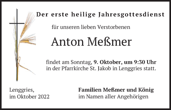 Todesanzeige von Anton Meßmer von merkurtz