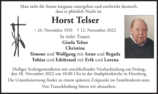 Todesanzeige von Horst Telser von merkurtz