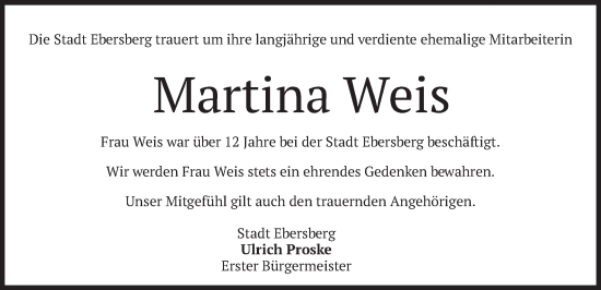 Todesanzeige von Martina Weis von merkurtz